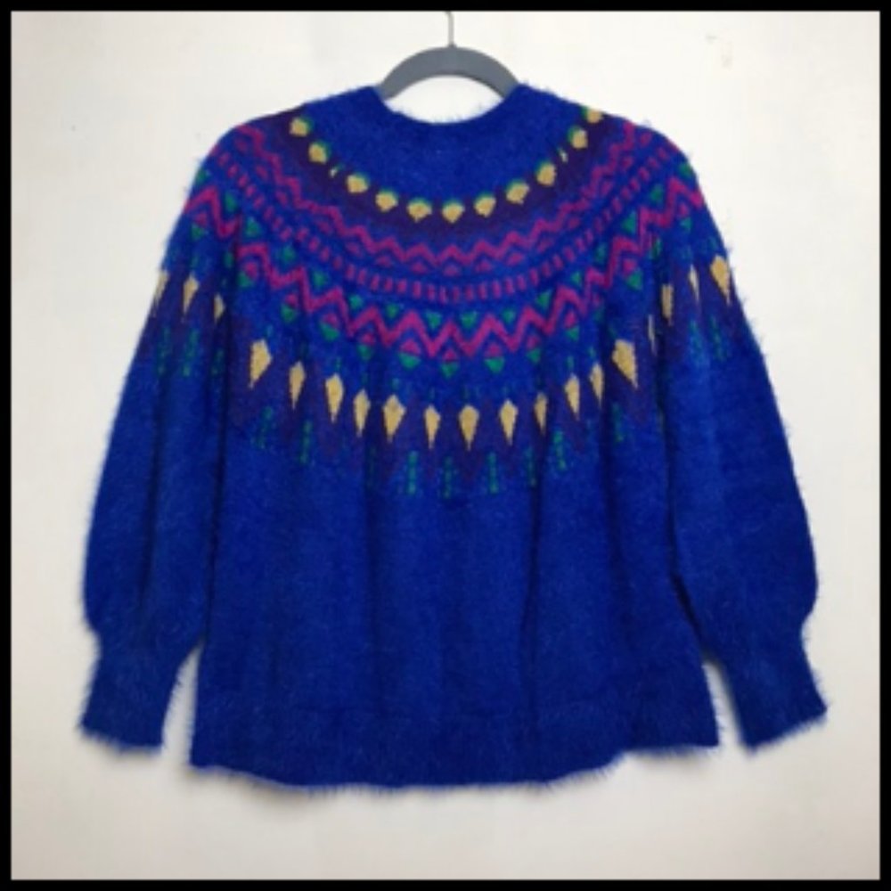 NEW!  Soft Fluffy Royal Blue Fair Isle Sweater  XL - Picture 3 of 8